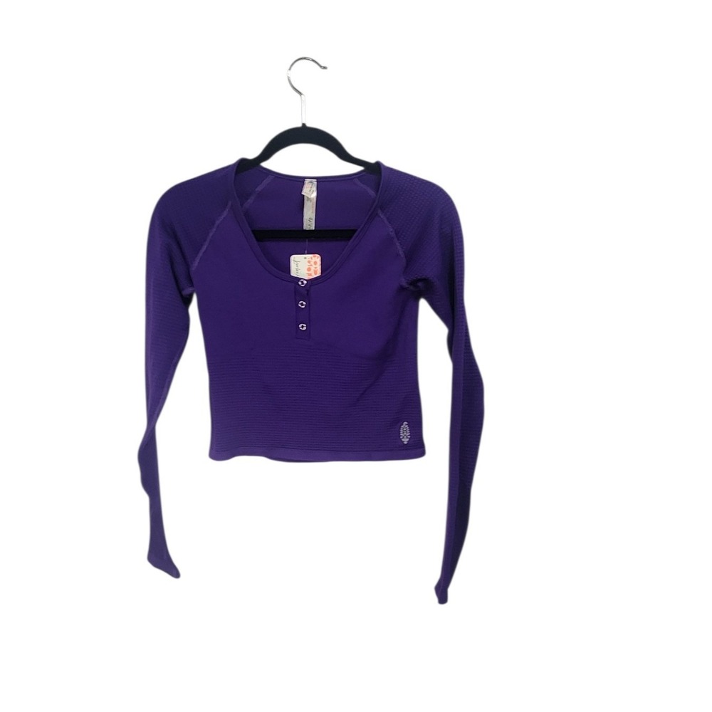 Free People‎ Movement Purple Ribbed Henley Long Sleeve Cropped Size M L
